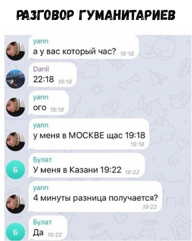 РАЗГОВОР Г УМАНИТАРИЕВ а у вас который час и 2218 ОГО из у меня в МОСКВЕ щас 19218 м на У меня в Казани 1922 4 минуты разница получается Ы Да ое ее все