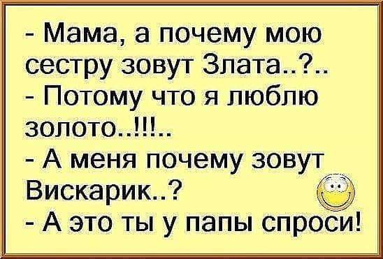 Мама а почему мою сестру зовут Злата Потому что я люблю золото А меня почему зовут_ Вискарик А это ты у папы спроси