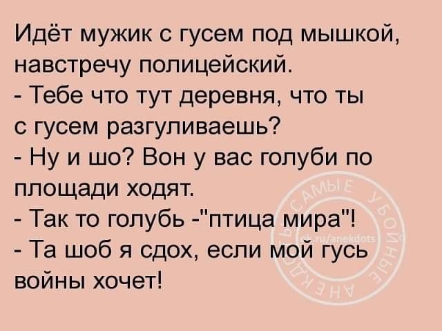 Идёт мужик гусем под мышкой навстречу полицейский Тебе что тут деревня что ты с гусем разгуливаешь Ну и шо Вон у вас голуби по площади ходят Так то гопубь птица мира Та шоб я сдох если мой гусь войны хочет