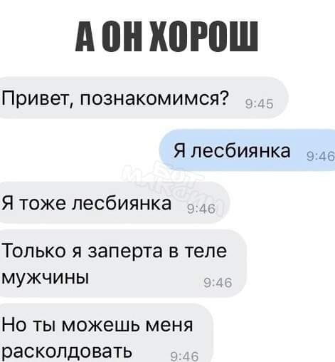 Привет познакомимся Я лесбиянка сл Я тоже лесбиянка Только я заперта в теле мужчины Но ты можешь меня расколдовать