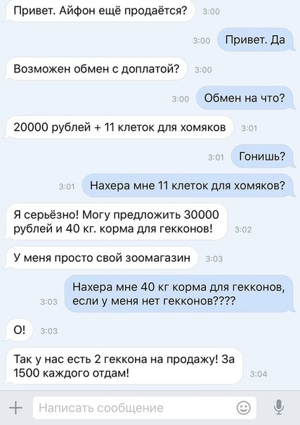 Привет АйФон ещё продаётся Привет да Возможен обмен с доплатой Обмен на что 20000 рублей 11 клеток для хомяков Гонишь Нахера мне 11 клеток для хомяков я серьёзно Могу предложить 30000 рублей и 40 кг корма для гекконові у меня просто свой зоомагазин Нахера мне Ао кг корма для геккоиов если у меня нет гекконов 0 Так у нас есть 2 геккона на продажу За 1500 каждого отдам