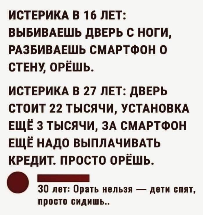 ИСТЕРИКА В 16 ЛЕТ ВЫБИВАЕШЬ дВЕРЬ С НОГИ РАЗБИВАЕШЬ СМАРТФОН 0 СТЕНУ ОРЁШЬ ИСТЕРИКА в 27 ЛЕТ дВЕРЬ стоит 22 тысячи УСТАНОВКА ЕЩЁ 3 тысячи ЗА СМАРТФОН ЕЩЁ НАДО выпмчивпь кредит просто ОРЁШЬ _ 30 лет Орать нельзя дети спят просто сидишь