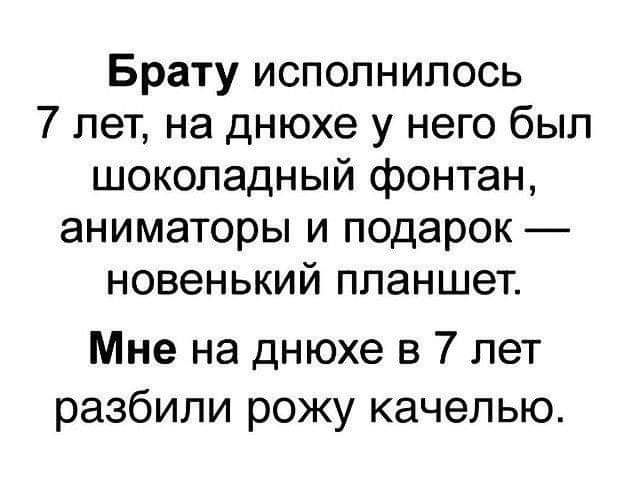 Брату исполнилось 7 лет на днюхе у него был шоколадный фонтан аниматоры и подарок новенький планшет Мне на днюхе в 7 лет разбили рожу качелью