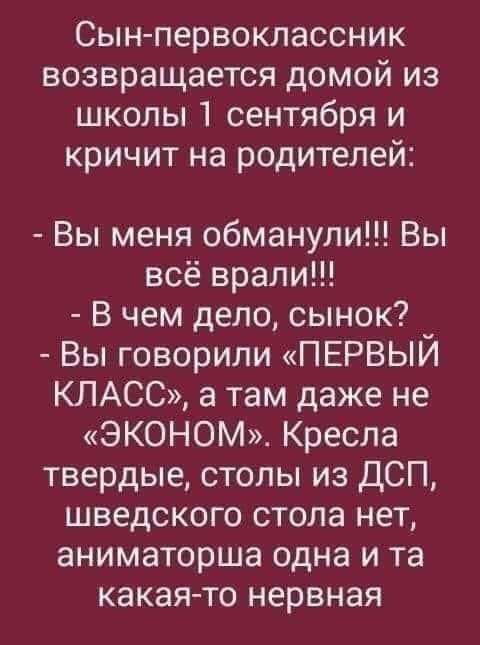 Сын первоклассник возвращается домой из школы сентября и кричит на родителей Вы меня обманули Вы всё врали В чем дело сынок Вы говорили ПЕРВЫЙ КЛАСС а там даже не ЭКОНОМ Кресла твердые столы из ДСП шведского стола нет аниматорша одна и та какая то нервная
