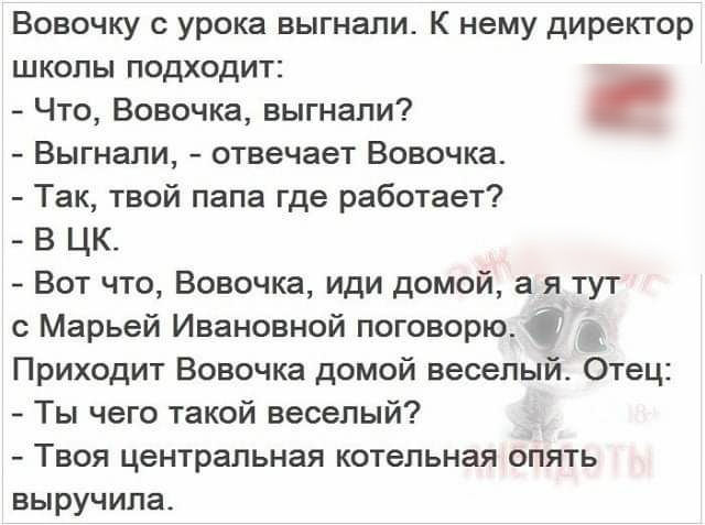 Вовочку с урока выгнали К нему директор школы подходит Что Вовочка выгнали Выгнали отвечает Вовочка Так твой папа где работает В ЦК Вот что Вовочка иди домой а я тут с Марьей Ивановной поговорю Приходит Вовочка домой веселый Отец Ты чего такой веселый Твоя центральная котельная опять выручила