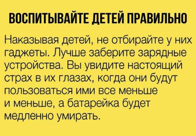 ВОСПИТЫВАЙТЕ ЛЕТЕЙ ПРАВИЛЬНО Наказывая детей не отбирайте у них гаджеты Лучше заберите зарядные устройства Вы увидите настоящий страх в их глазах когда они будут полЬзоваться ими все меньше и меньше а батарейка будет медленно умирать