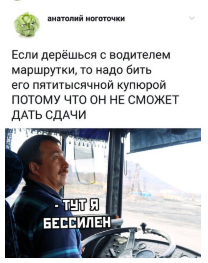 анатолий иоготочки а _ Если дерёшься с водителем маршрутки то надо бить его пятитысячной купюрой ПОТОМУ ЧТО ОН НЕ СМОЖЕТ ДАТЬ СДАЧИ