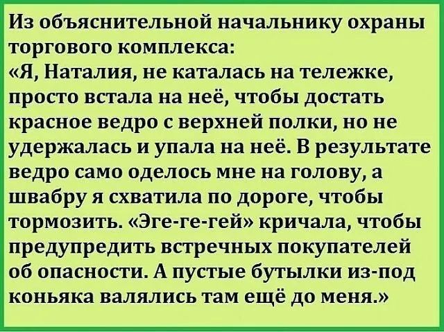 Из объяснительной начальнику охраны торгового комплекса Я Наталия не каталась на тележке просто встала на неё чтобы достать красное ведро с верхней полки но не удержалась и упала на неё В результате ведро само оделось мне на голову а швабру я схватила по дороге чтобы тормозить Эге ге гей кричала чтобы предупредить встречных покупателей об опасности А пустые бутылки из под коньяка валялись там ещё 