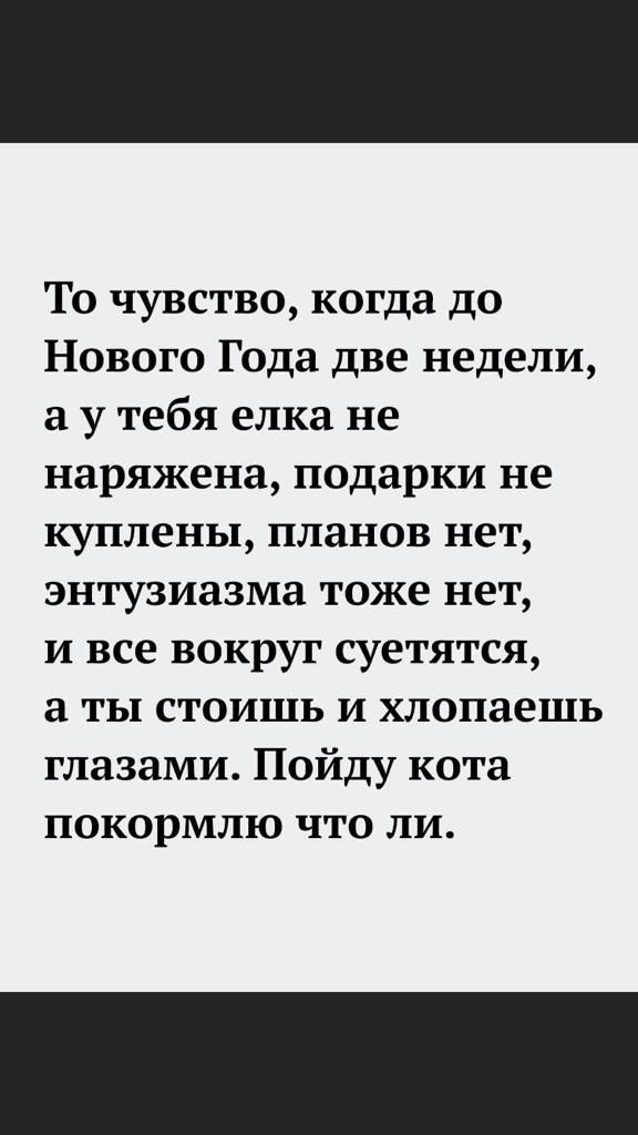То чувство когда до Нового Года две недели а у тебя елка не наряжена подарки не куплены планов нет энтузиазма тоже нет и все вокруг суетятся ты стоишь и хлопаешь глазами Пойду кота покормлю что ли