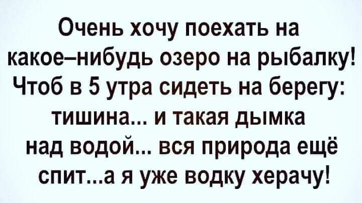 Очень хочу поехать на какоенибудь озеро на рыбалку Чтоб в 5 утра сидеть на берегу тишина и такая дымка над водой вся природа ещё спита я уже водку херачу