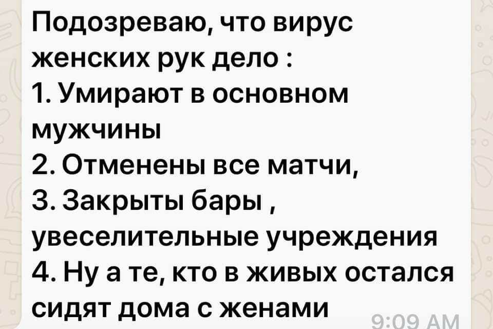 Подозреваю что вирус женских рук дело 1 Умирают в основном мужчины 2 Отменены все матчи 3 Закрыты бары увеселительные учреждения 4 Ну а те кто в живых остался сидят дома с женами