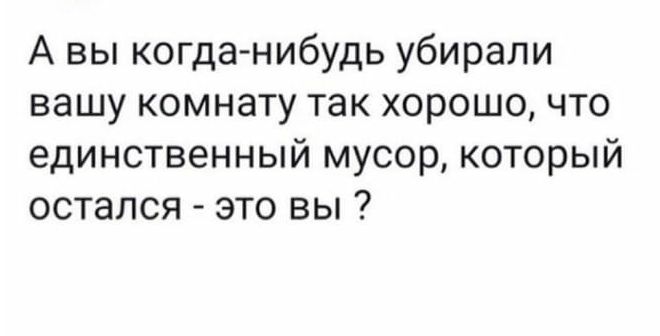 А вы когда нибудь убирали вашу комнату так хорошо что единственный мусор который остался это вы