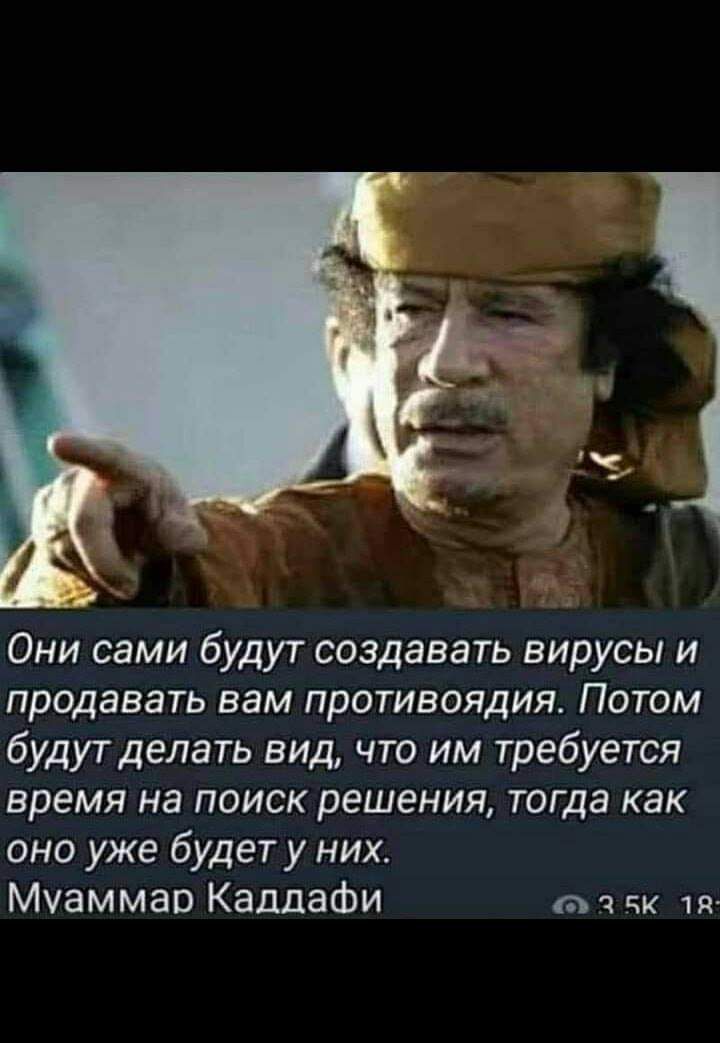 Они сами будут создавать вирусы и продавать вам противоядия Потом будут делать вид что им требуется время на поиск решения тогда как оно уже будет у них Муаммар Каддафи чк 1я
