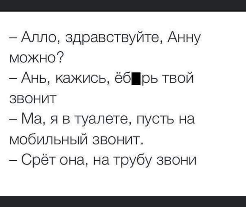 Алло здравствуйте Анну можно Ань кажись ёбрь твой звонит Ма я в туалете пусть на мобильный звонит Срёт она на трубу звони