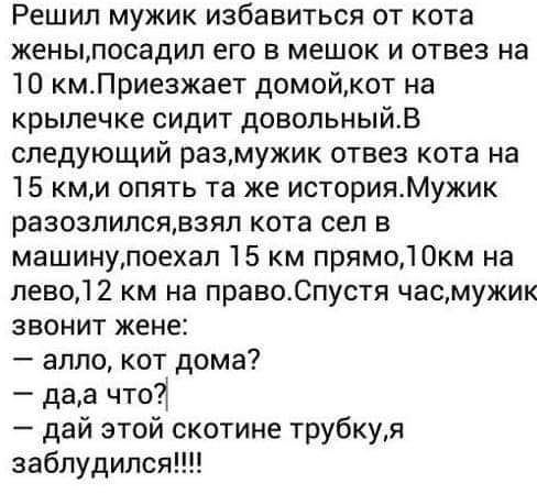 Решил мужик избавиться от кота женыпосадил его в мешок и отвез на 10 кмПриезжает домойкот на крылечке сидит довольныйв следующий размужик отвез кота на 15 кми опять та же историяМужик разозлилсядзял кота сел в машинупоехал 15 км прямо Окм на певод 2 км на правоСпустя часмужик звонит жене алло кот дома даа чтоД дай этой скотине трубкуя заблудился