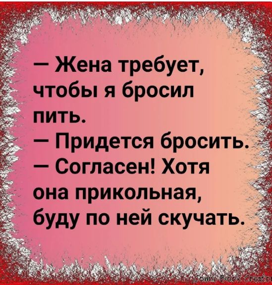 Жена требует чтобы я бросил пить _ Придется бросить Согласен Хотя она прикольная буду по ней скучать _