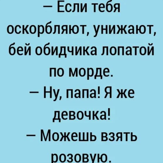 Если тебя оскорбляют унижают бей обидчика лопатой по морде Ну папа Я же девочка Можешь взять розовую