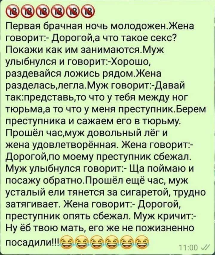 Первая брачная ночь молодоженЖена говорит Дорогойа что такое секс Покажи как им занимаютсяМуж улыбнулся и говорит Хорошо раздевайся ложись рядомЖена разделасьлеглаМуж говорит Давай такпредставьто что у тебя между ног тюрьмаа то что у меня преступникБерем преступника и сажаем его в тюрьму Прошёл часмуж довольный лёг и жена удовлетворённая Жена говорит Дорогойпо моему преступник сбежал Муж улыбнулся