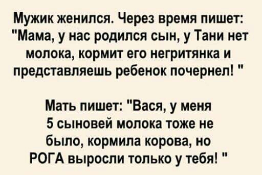 Мужик женился Через время пишет Мама у нас родился сын у Тани нет молока кормит его негритянка и представляешь ребенок почернел Мать пишет Вася у меня 5 сыновей молока тоже не было кормила корова но РОГА выросли только у тебя