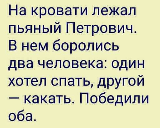 На кровати лежал пьяный Петрович В нем боролись два человека один хотел спать другой какать Победили оба