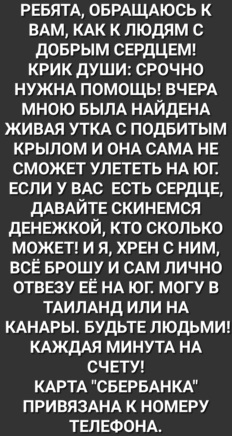 РЕБЯТА ОБРАЩАЮСЬ к ВАМ КАК к людям С ДОБРЫМ СЕРДЦЕМ КРИК ДУШИ СРОЧНО НУЖНА ПОМОЩЬ ВЧЕРА мною БЫЛА НАЙДЕНА ЖИВАЯ УТКА С подвитым КРЫЛОМ и ОНА САМА НЕ СМОЖЕТ УЛЕТЕТЬ НА юг Если У ВАС ЕСТЬ СЕРДЦЕ ДАВАЙТЕ СКИНЕМСЯ ДЕНЕЖКОЙ кто сколько МОЖЕТ и я ХРЕН С ним ВСЁ БРОШУ и САМ лично ОТВЕЗУ ЕЁ НА юг могу в ТАИЛАНД или НА КАНАРЫ БУДЬТЕ ЛЮДЬМИ КАЖДАЯ МИНУТА НА СЧЕТУ КАРТА СБЕРБАНКА ПРИВЯЗАНА к НОМЕРУ ТЕЛЕФОНА