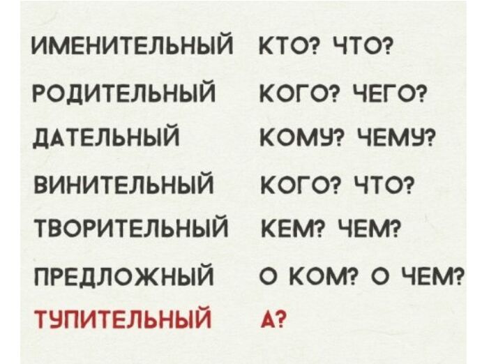 именительный КТО чтог РОДИТЕЛЬНЫЙ КОГО ЧЕГО дАТЕЛЬНЫЙ комы чвмвг винительный КОГО чтог творитвльный КЕМ ЧЕМ ПРЕДЛОЖНЫЙ О КОМ О ЧЕМ ТНПИТЕЛЬНЫЙ А