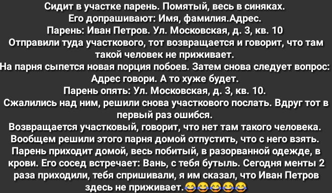 Сидит в участке парень Помятый весь в синяках Его допрашивают Имя фамилияАдрес Парень Иван Петров Уп Московская д 3 кв 10 Отправипи туда участкового тот возвращается и говорит что там такой человек не приживает На парня сыпется новая порция побоев Затем снова следует вопрос Адрес говори А то хуже будет Парень опять Уп Московская д 3 кв 10 Сжапипись над ним решипи снова участкового послать Вдруг то