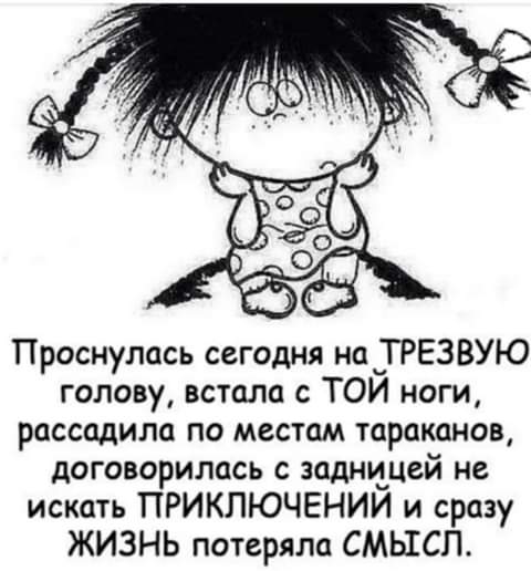 Проснулась сегодня на_ТРЕЗВУЮ голову встала с ТОИ ноги рассадила по местам тараканов договорилась задницей не искать ПРИКЛЮЧЕНИЙ и сразу ЖИЗНЬ потеряла СМЫСЛ