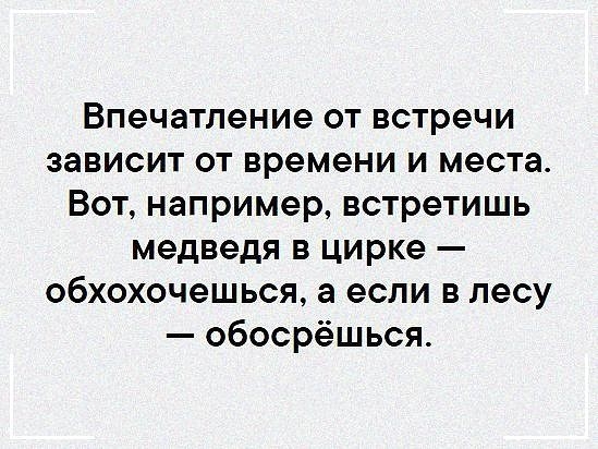 Впечатление от встречи зависит от времени и места Вот например встретишь медведя в цирке обхохочешься а если в лесу обосрёшься