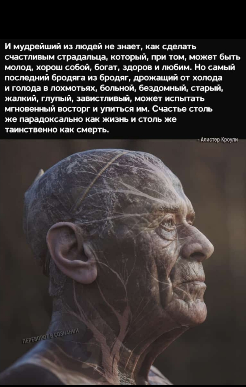 И мудрейший из людей не знает как сделать счастливым страдальца который при том может быть молод хорош собой богат здоров и любим Но самый последний бродяга из бродяг дрожащий от холода и голода в лохмотьях больной бездомный старый жалкий глупый завистливый может испытать мгновенный восторг и упиться им Счастье столь же парадоксально как жизнь и столь же таинственно как смерть дМисте Кроу