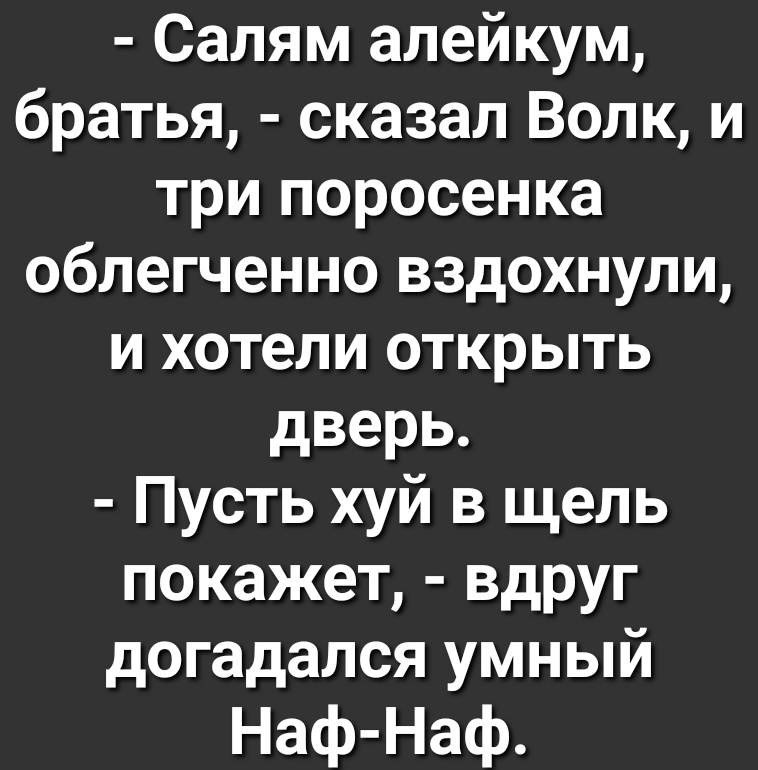 Салям алейкум братья сказал Волк и три поросенка облегченно вздохнули и хотели открыть дверь Пусть хуй в щель покажет вдруг догадался умный Наф Наф