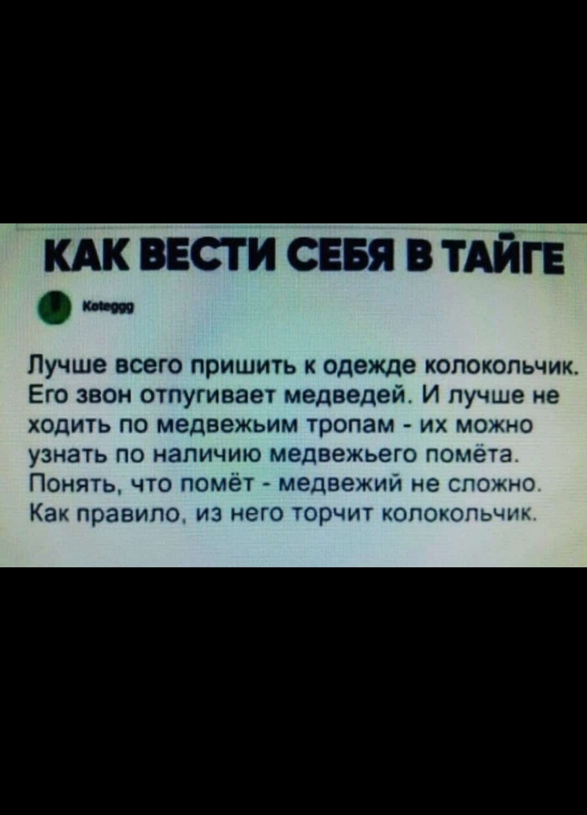 ШВЕСТИ СЕБЯ ВТАЙГЕ Лучше всего пришить одежде колокольчик Его звон отпугивает медведей И лучше не ходить по медвежьим тропам их можно узнать ПО НаПИЧИЮ МЕДВЕЖЬЕГО помета Понять что помёт медвежий не споют Как правило из него торчит хопоиопьчнь