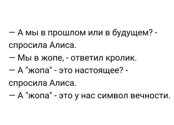 А мы в прошлом или в будущем спросила Алиса Мы в жопе ответил кролик А жопа это настоящее спросила Алиса А жопа это у нас символ вечности