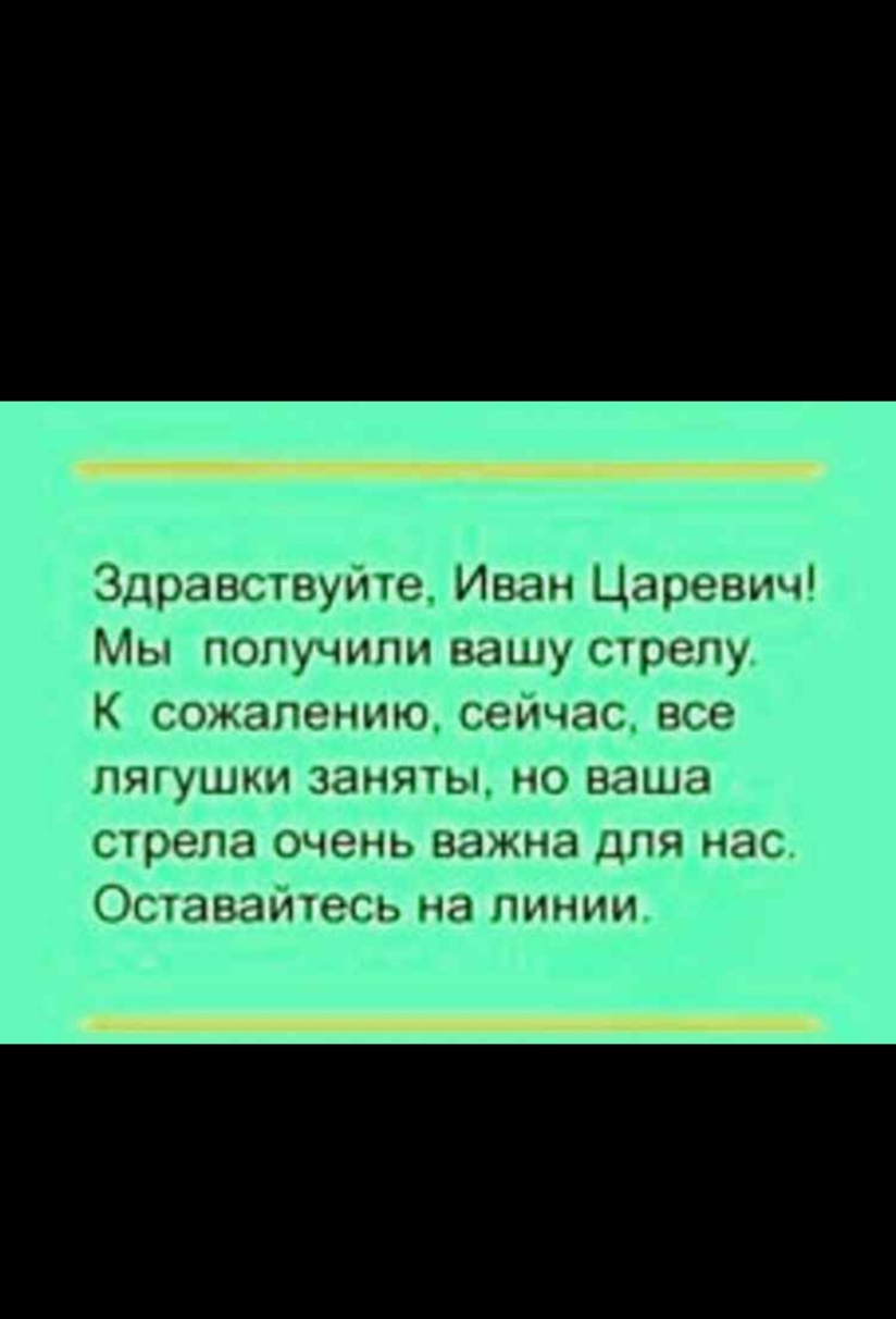 Здравствуйте Иван Царевич Мы попучипи вашу стрелу К сожалению сеичас все лягушки заняты но ваша стрела очень важна дпя нас Оставаьпесь на линии