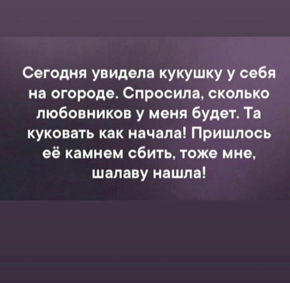 Сегодня увидела кукушку у себя на огороде Спросила сколько любовников у меня будет Та куковать как начала Пришлось её камнем сбить тоже мне шалаву нашла
