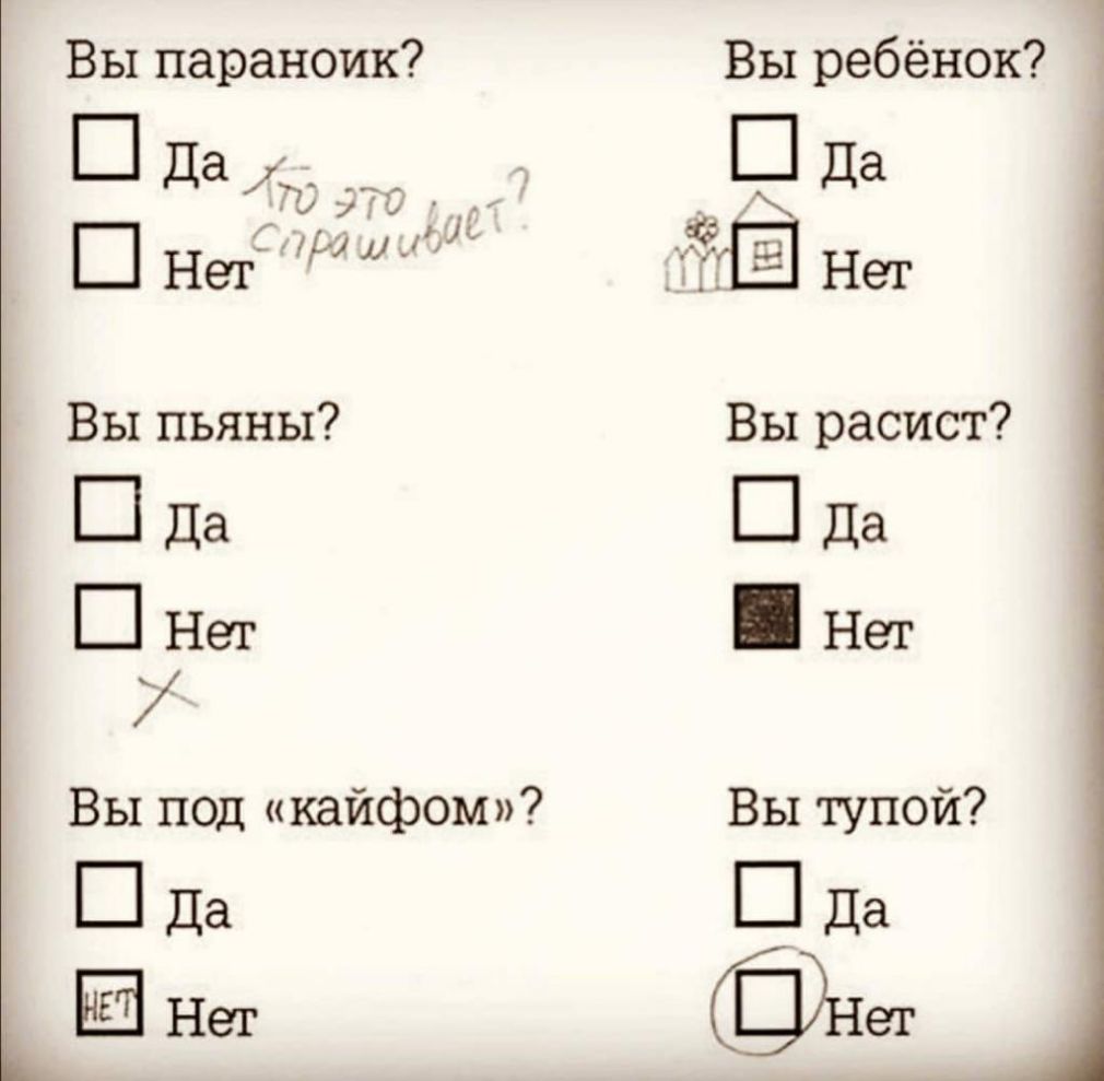 Вы параноик Вы ребёнок Да Шда 7 ШНег 33 ЁНег Вы пьяны Вы расист Пда Пда Ш Нет Нет 7 Вы под кайфом Вы тупой Пда Пда Ь Нет Нет
