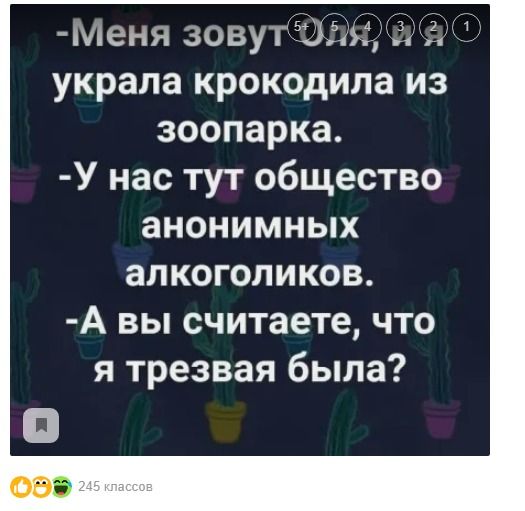 еня зову11У украла крокодила из зоопарка У нас тут общество анонимных алкоголиков А вы считаете что я трезвая была