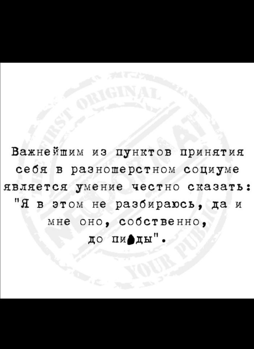 Важнейшим из пунктов принятия себя в разношерстном социуме является умение честно сказать Я в этом не разбираюсь да и мне оно собственно до пидды