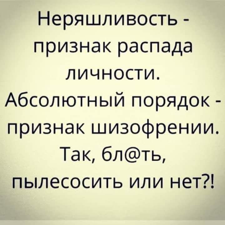Неряшливость признак распада личности Абсолютный порядок признак шизофрении Так блть пылесосить или нет