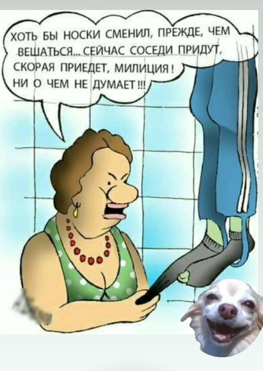 ХОТЬ БЫ НОСКИ СМЕНИЛ ПРЕЖДЕ ЧЕМ ВЕШАТЬСЯ СЕЙЧАС СОСЕДИ ПРИДУТ СКОРАЯ ПРИЕДЕТ МИЛИЦИЯ НИ О ЧЕМ НЕ ДУМАЕТ