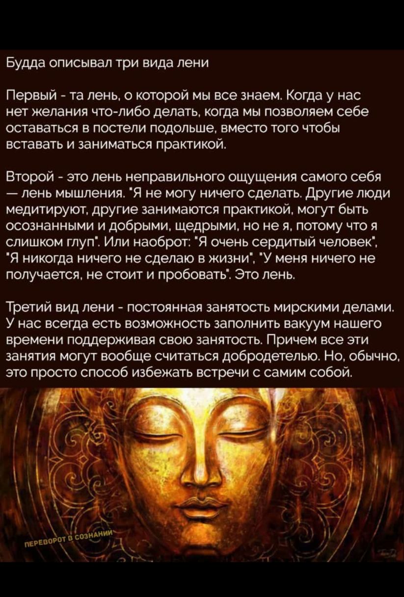 Будда ОПИСЫВЭП ТРИ вида ПЭНИ Первый та лень о которой мы все знаем Когда у нас нет желания чтолибо делать когда мы позволяем себе оставаться в постели подольше вместо того чтобы вставать и заниматься практикой Второй это лень неправильного ощущения самого себя лень мышления Я не могу ничего сделать Другие люди медитируют другие занимаются практикой могут быть осознанными и добрыми щедрыми но не я 