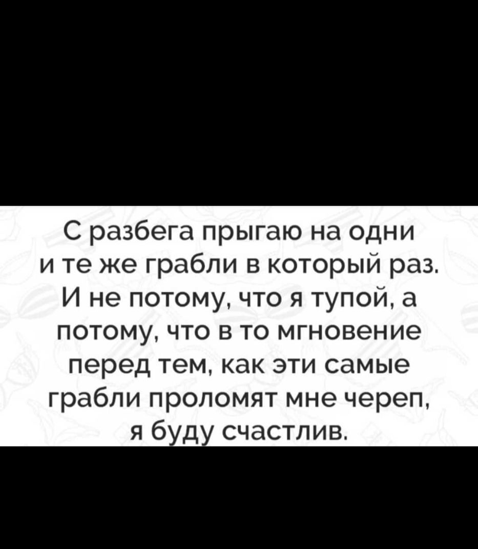 С разбега прыгаю на одни и те же грабли в который раз И не потому что я тупой а потому что в то мгновение перед тем как эти самые грабли проломят мне череп я 6 д счастлив