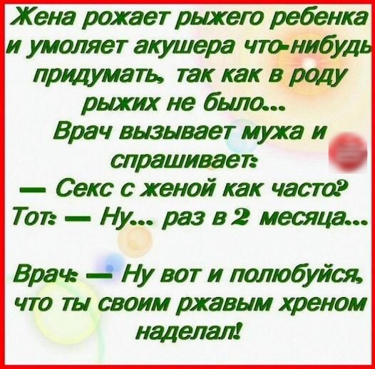 Жена рожает ршего ребенка и умоляет акушера что нибу придумать так как в роду рыжих не было Врач вызывает мужа и спрашивает Секс с женой как часто Тот Ну раз в2 месяца Врач 3 Ну вот и полюбуйт что ты своим ржавым хреном наделал