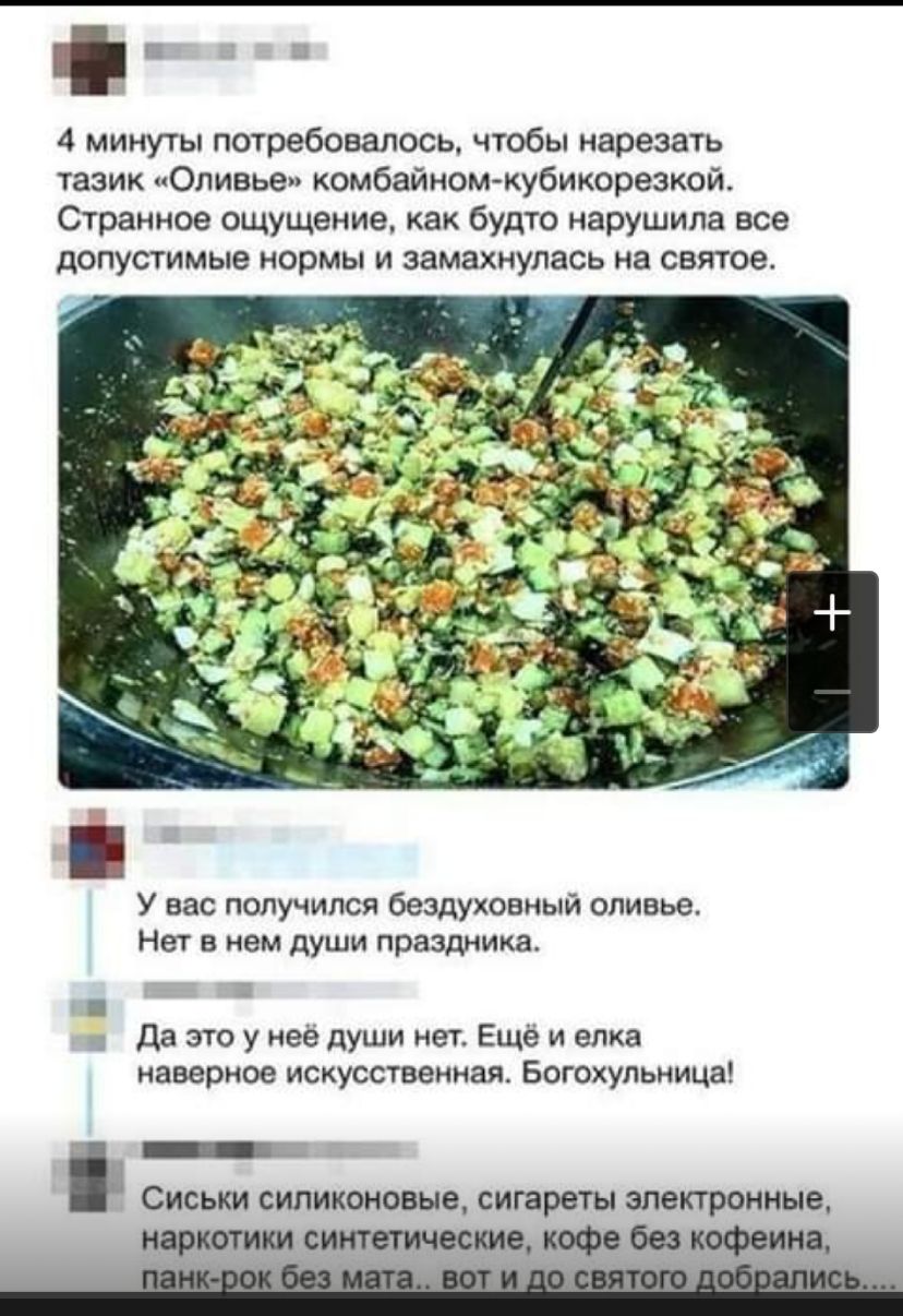 ФУ 4 минуты потребовалось чтобы нарезать тазик Оливье комбайном кубикорезкой Странное ощущение как будто нарушила все допустимые нормы и замахнулась на святое У вас получился бездухоаный оливье Нет в нем души праздника Да это у неё души нет Ещё и елка наверное искусственная Богохульница _ _ Сиськи силиконовые сигареты электронные наркотики синтетические кофе без кофеина