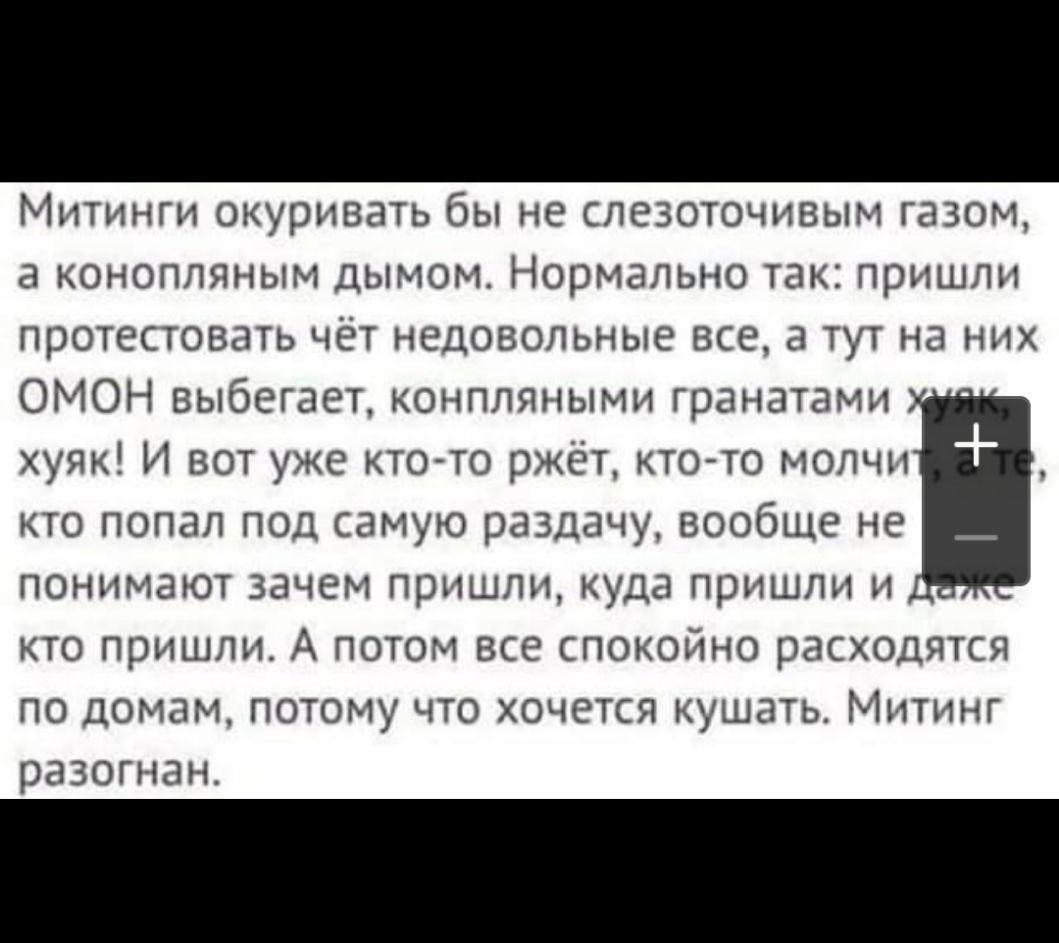Митинги окуривать бы не слезоточивым газом а конопляным дымом Нормально так пришли протестовать чет недовольные все а тут на них ОМОН выбегает конпляными гранатами хуяк И вот уже кто то ржёт кто то молчи кто попал под самую раздачу вообще не понимают зачем пришли куда пришли и кто пришли А потом все спокойно расходятся по домам потому что хочется кушать Митинг разогнан