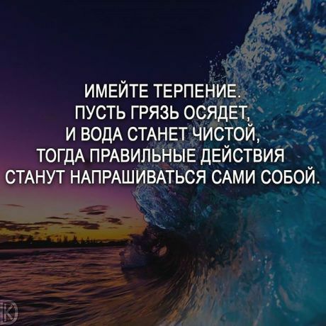ИМЕЙТЕ ТЕРПЕНИЕ ПУСТЬ ГРЯЗЬ ОСЯДЕТ И ВОДА СТАНЕТ ЧИСТОЙ ТОГДА ПРАВИЛЬНЫЕ ДЕЙСТВИЯ СТАНУТ НАПРАШИВАТЬСЯ САМИ СОБОЙ