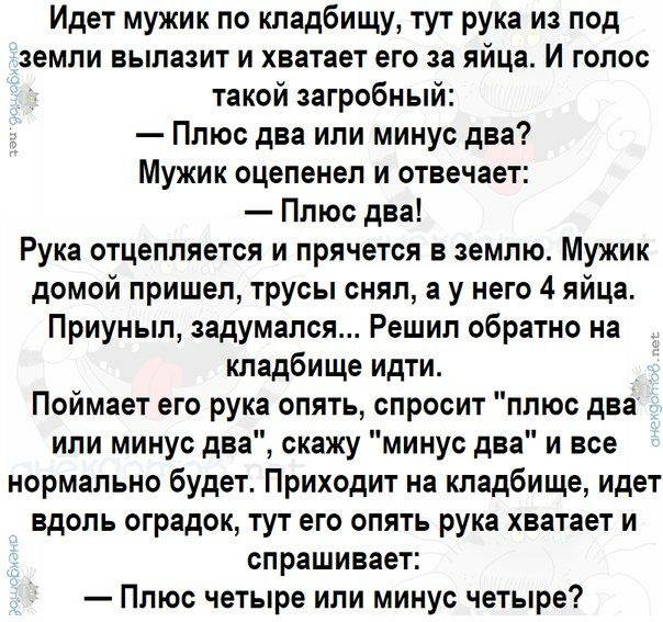 Идет мужик по кладбищу тут рука из под земли вылазит и хватает его за яйца И голос такой загробный Ппюс два или минус два Мужик оцепенел и отвечает Плюс два Рука отцепляется и прячется в землю Мужик домой пришел трусы снял а у него 4 яйца Приунып задумался Решил обратно на кладбище идти Поймает его рука опять спросит плюс два или минус два скажу минус два и все нормально будет Приходит на кладбище