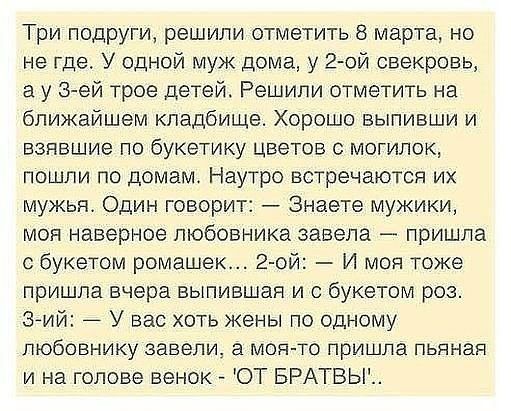 Три подруги решили отметить 8 марта но не где У одной муж дома у 2017 свекровь а у зей трое детей Решили отметить на ближайшем кладбище Хорошо выпивши и взявшие по букетику цветов с могилок пошли по домам Наутро встречаются их мужья Один говорит Знаете мужики мон наверное любовника завела пришла с букетом ромашек 2 0 И моя тоже пришла вчера выпившая и с букетом роз Зьий У вас хоть жены по одному л