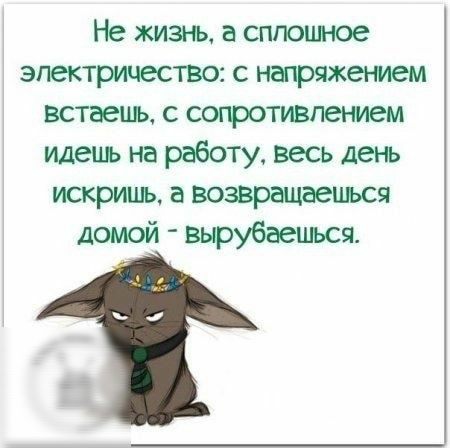 Не жизь а сплошное электричество с напряжением встаепь с сопротивлением идепь на работу весь день искриць а возвращаешься домой вырубаешься