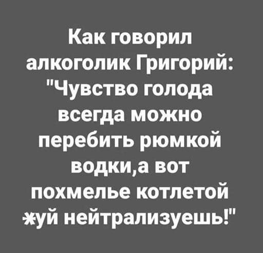 Как говорил алкоголик Григорий Чувство голода всегда можно перебить рюмкой водкиа вот похмелье котлетой уй нейтрализуешь